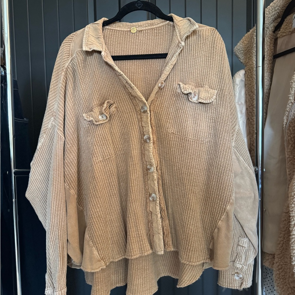 Free People Scout Jacket Tan Button-Up Waffle Knit Shirt